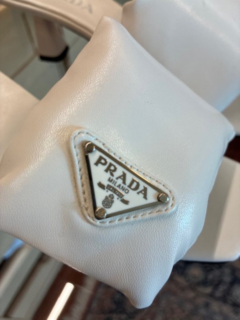 Prada White Enameled Metal Triangle Leather Size 37 Slides - Picture 6 of 7